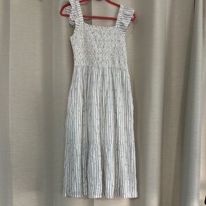 LOFT White and Orange Striped Midi Dress